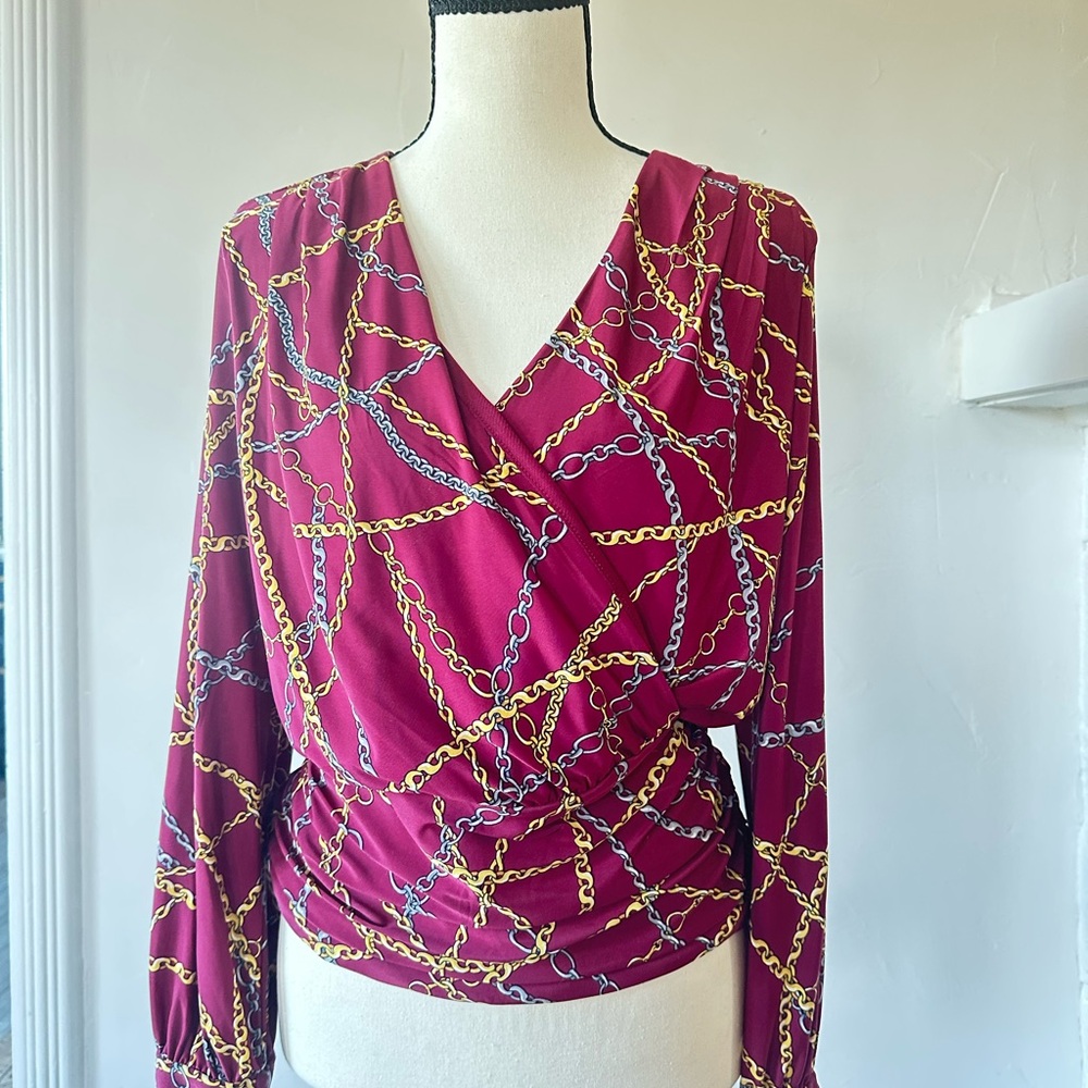 INC International Concepts Burgundy Chain Print Blouse